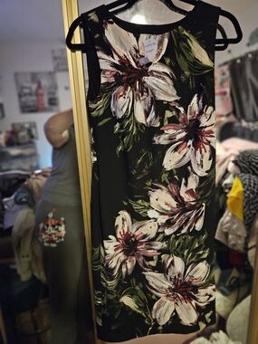 Calvin Klein Black Midi Dress with White & Green Floral Print